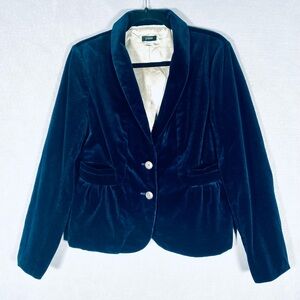 J Crew Velvet Blazer Womens 10 Blue Cotton Blend Single Breasted Jacket Ruffle